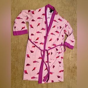 Pink Bird Print Robe with Purple Trim